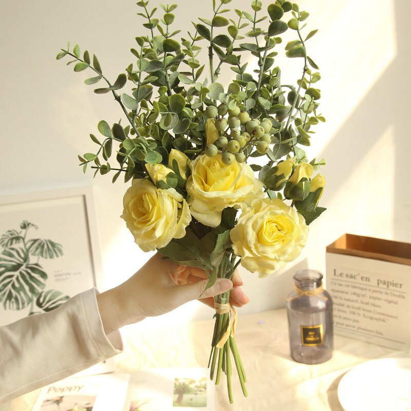 Brudebuket brudepige kunstig silke blomst ægteskab bord tilbehør bryllup blomster rose eukalyptus blade buketter: 2