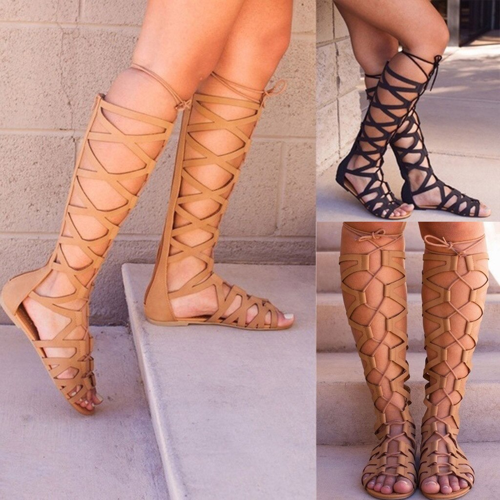 Été femmes Sandales Dames Décontracté Appartements Genou Haute Bottes Roms Chaussures Boho Sandales d'été Pour Les Femmes #15