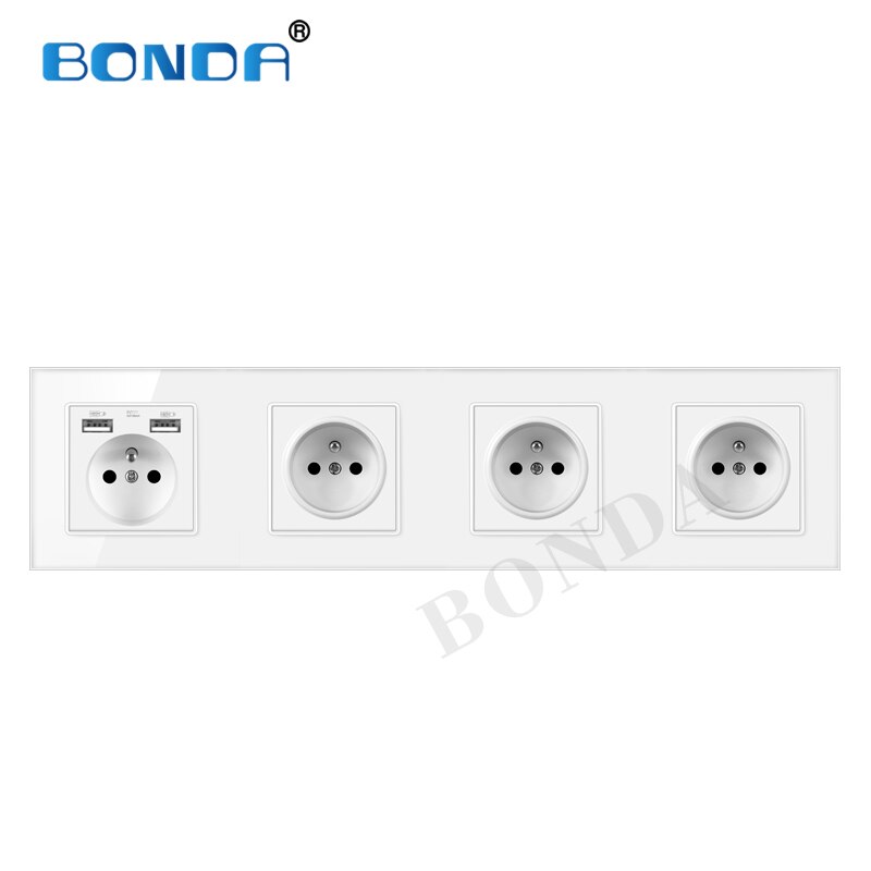 BONDA Multi-connection French standard wall socket, 16A USB tempered glass panel, multi-connection socket combination AC110-240V: 514 WHITE USB01-03