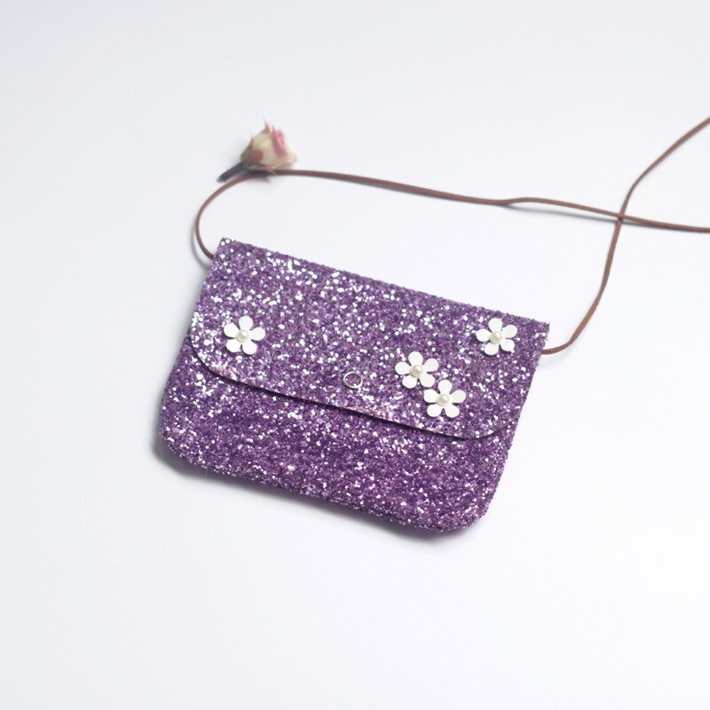 Märke barn tjejer mini crossbody väska blomma paljett pu handväska barn axelväskor mynt plånböcker barn baby: Lila