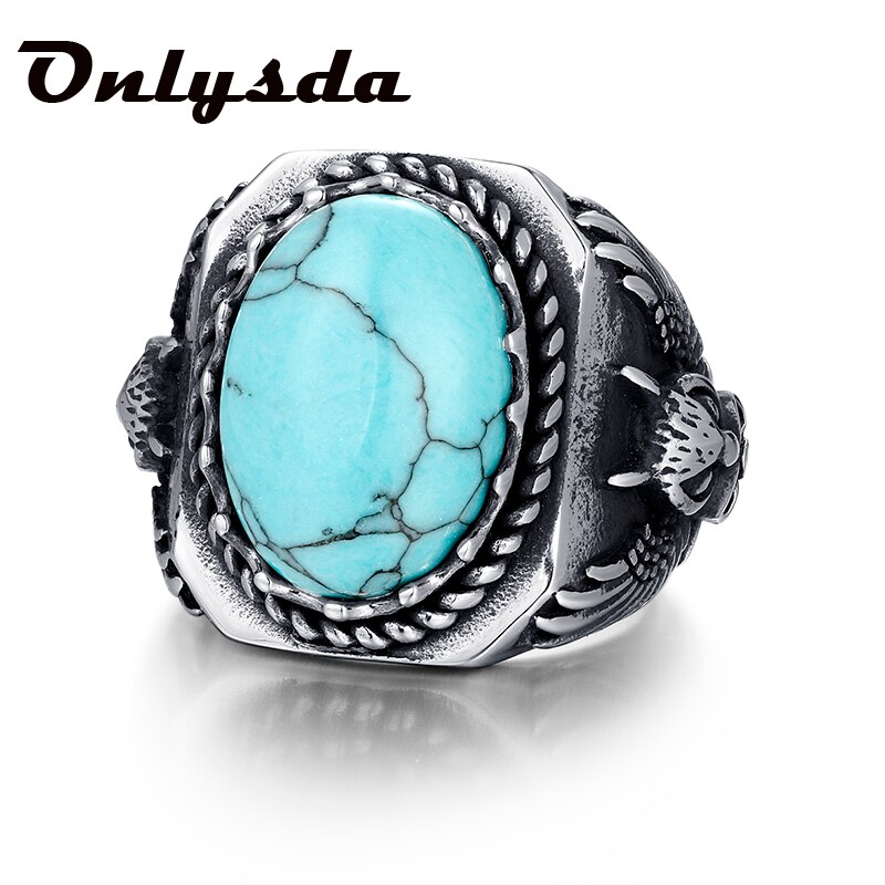 Statement Punk Rock Stylish Signet Rings for Men, Bat Ring with Round Blue Stone, Stainless Steel Metal Party Jewelry ,US Size: 13 / OSR871Light