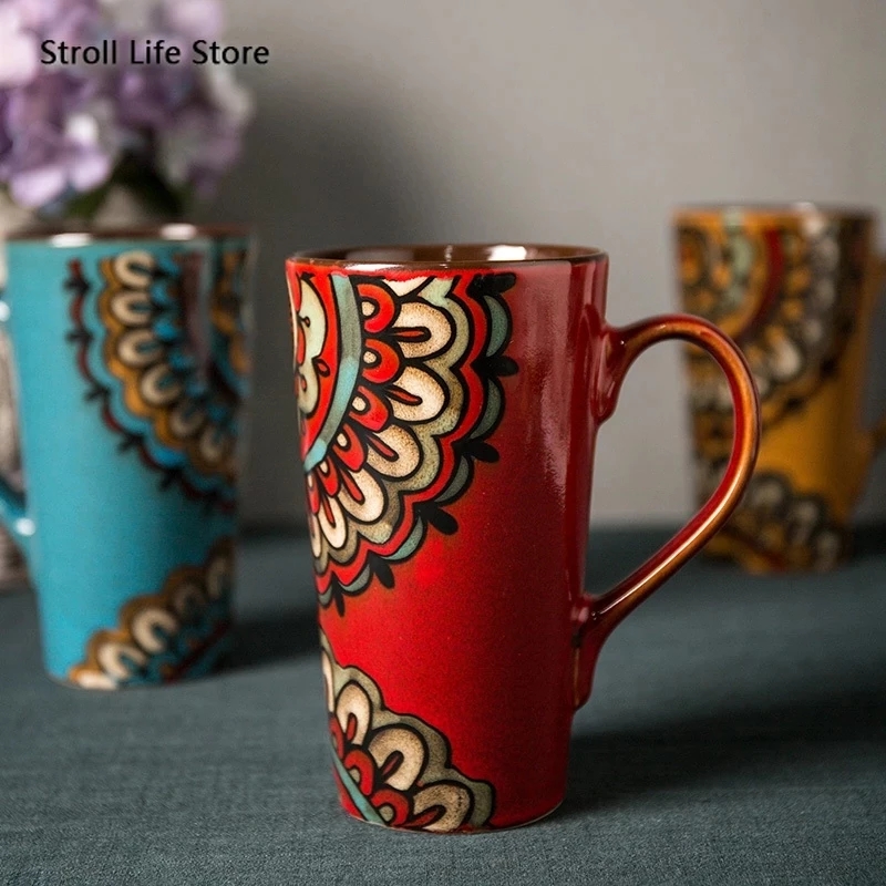 Ceramic Coffee Mug Retro Large-capacity Office Southeast Asia Water Cup Cups and Mugs with Lid Spoon Birthday CM25