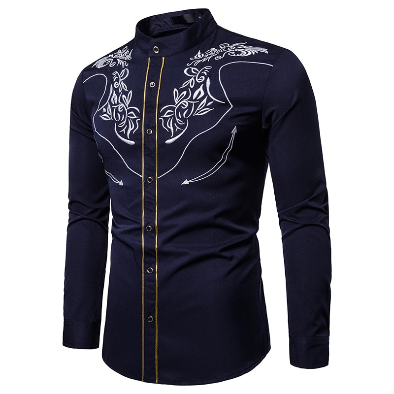 CYXZFTROFL Men's Western Cowboy Embroidered Shirt Casual Henry collar Button Down Shirts Slim Fit Long Sleeve Shirt