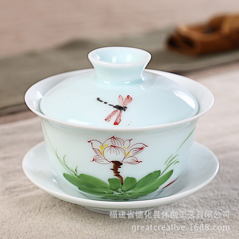 Cuenco De cobertura grande De porcelana Longquan Qing pintado a mano, cuenco De cobertura De tres solo cuenco, juego De té Kung Fu, ópera De cerámica Gaiwan: 2