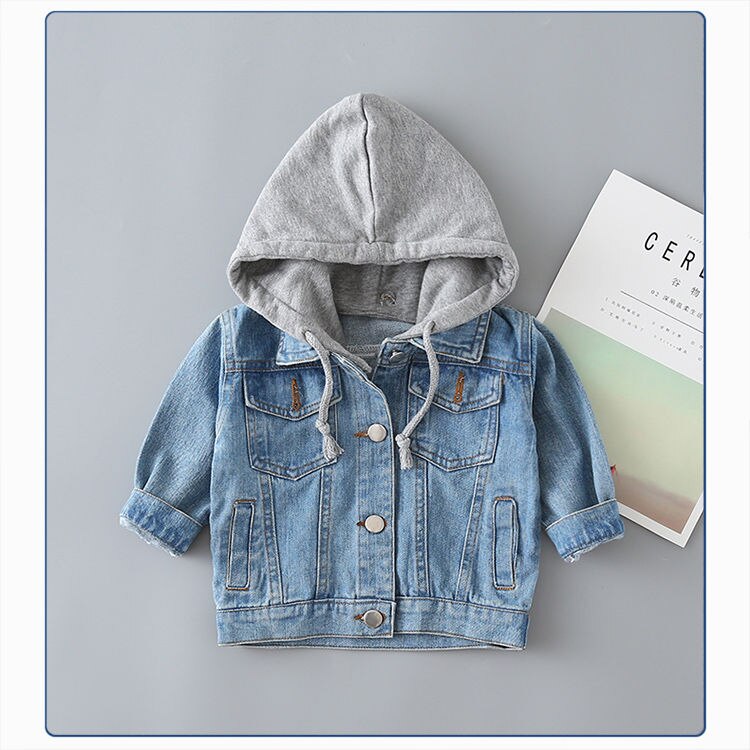 Ropa de primavera para niños y niñas, abrigo de tela vaquera para bebés, chaqueta con capucha Coreana de manga larga: 120cm