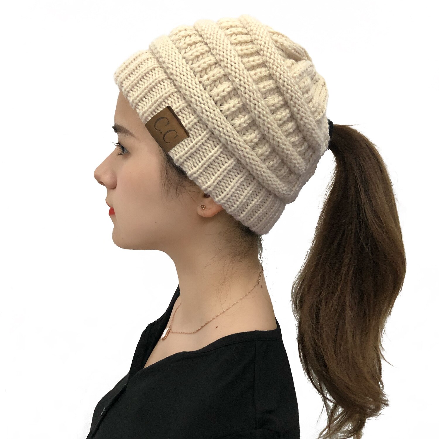 Winter Hats For Women Pompom CC Beanie Horsetail Caps Cross Criss Ponytail Hat Girls Warm Knitted Thick Outdoor Ski Cap: Beige