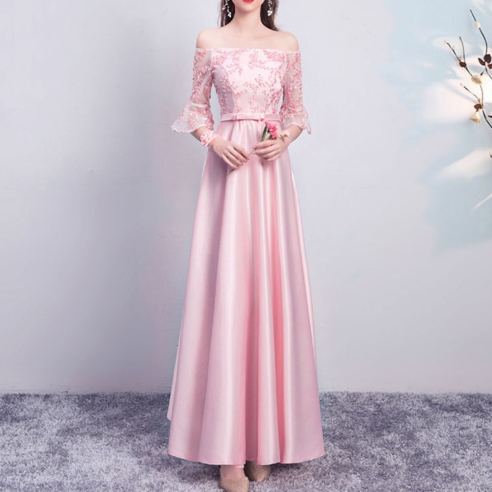 Bruidsmeisje Jurken Lange Voor Wedding Party Off-De-Schouder Kanten Ruches Half Mouwen Applicaties Elegante Zoete Wedding Party jurk: Roze / 12