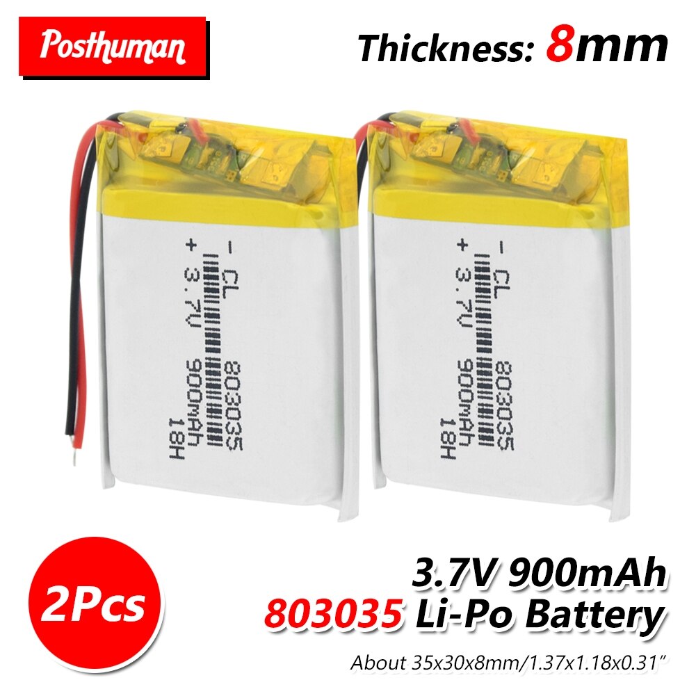 Oplaadbare Lithium Polymeer Batterij 900 Mah 3.7V 803035 Li-Ion Batterij Voor Dvr, Gps, Mp3, Mp4, mp5 Power Bank, Speaker Luchtbevochtiger: 2Pcs