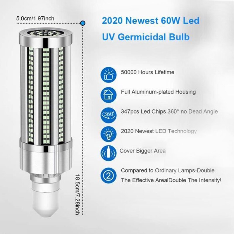 Lámpara germicida UVC de 60W, bombilla LED E27, luz ultravioleta de desinfección, luces de esterilización con Control remoto