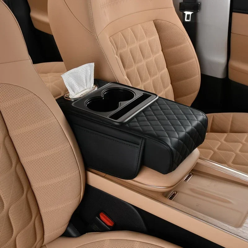 Caja de reposabrazos para coche, almohadilla de altura gruesa de 7,5 cm, cojín para reposabrazos con bolsillo, portavasos de tejido, soporte para codo de algodón con memoria, almohadilla de altura: Negro