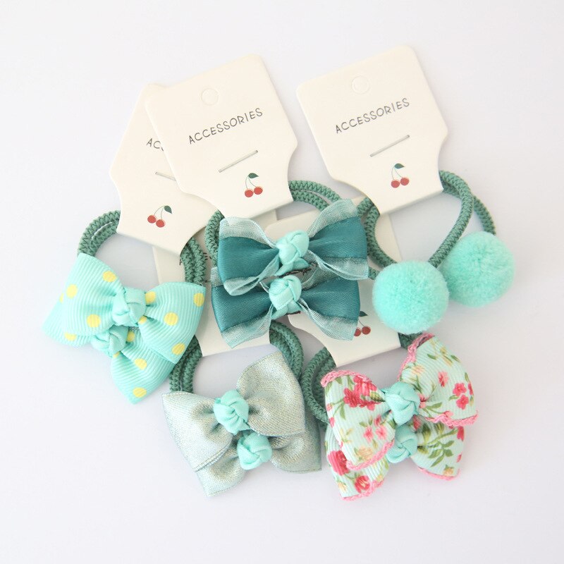 10Pcs/Lot Sweet Hair Band Girls Hair Ties Bows Elastic Rubber Band Flower Small Ball Scrunchies Baby Kids Hair Accessories: green set