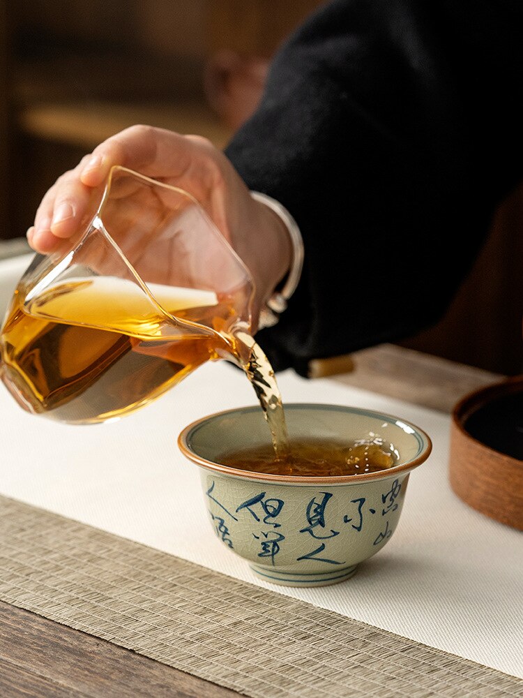 Hand Painted Chinese Poem Cup Antique Calligraphy Pottery Jingdezheng Cups Tea Cup Set Teaware Boat Mugs For Tea Ceremony