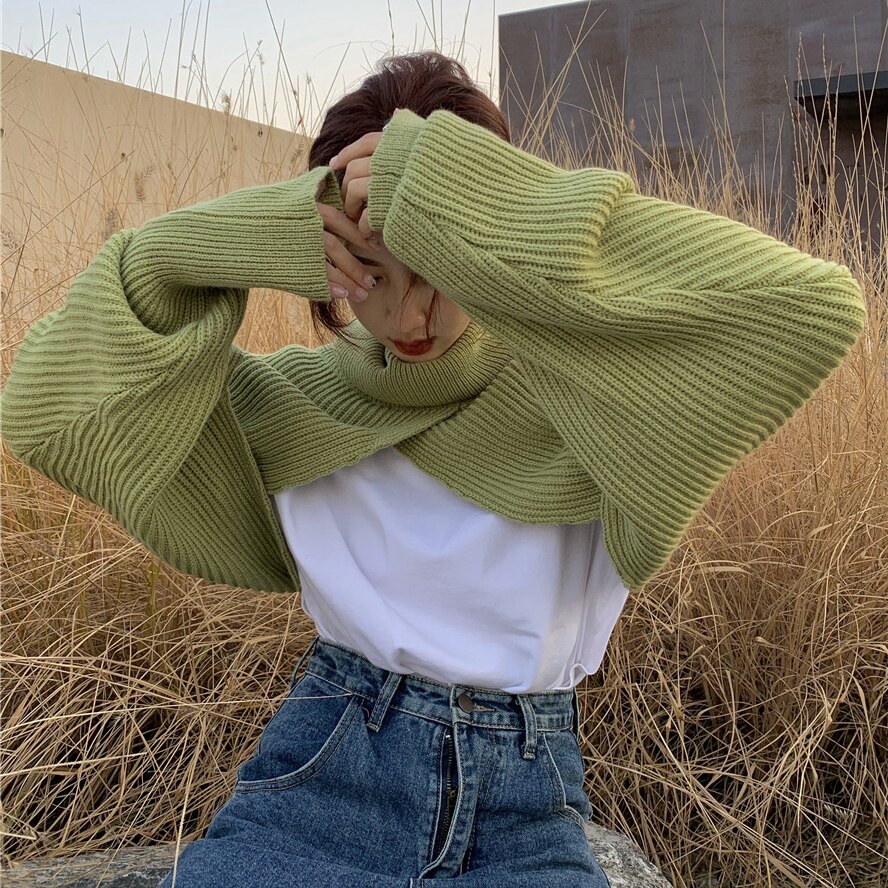 Irregular Turtleneck Shrugs Women Sweaters Loose Autumn Knitwear Bolero Jumpers Leisure Korean Chic Warm Tender