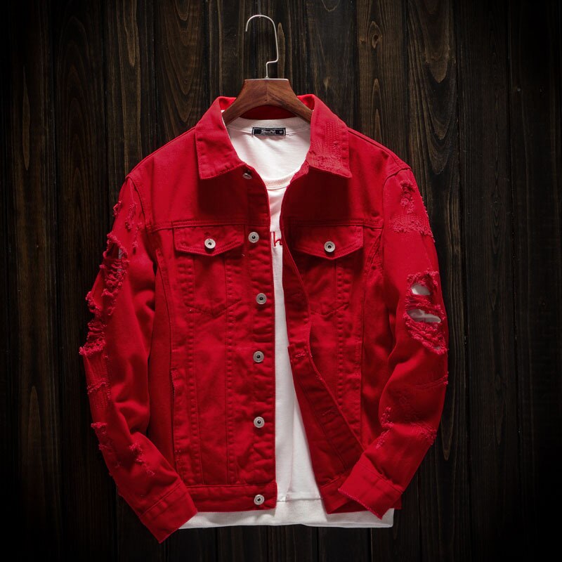 Plus Size 3XL Red Ripped Denim Jeans Jackets Hip Hop Streetwear Holes Casual Men Women Distressed Solid Coat: L