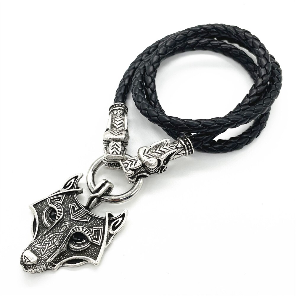 Zwarte Ogen Wolf Hoofd Hanger Viking Wolven Heads Lederen Collier Heidense Wicca Talisman Sieraden