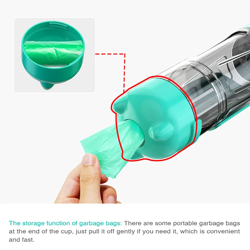 Botella de agua portátil para gatos y perros, alimentador de alimentos, bebedero, dispensador de caca 3 en 1, prueba de fugas,