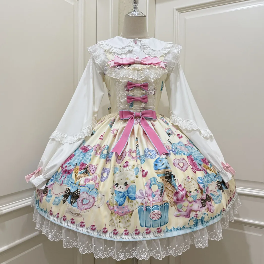 Original Japanese Lolita Suspender Dress Jsk Summer Female Sweet Cute Bow Bear Print Princess Tea Party Dress Loli Lo Dress