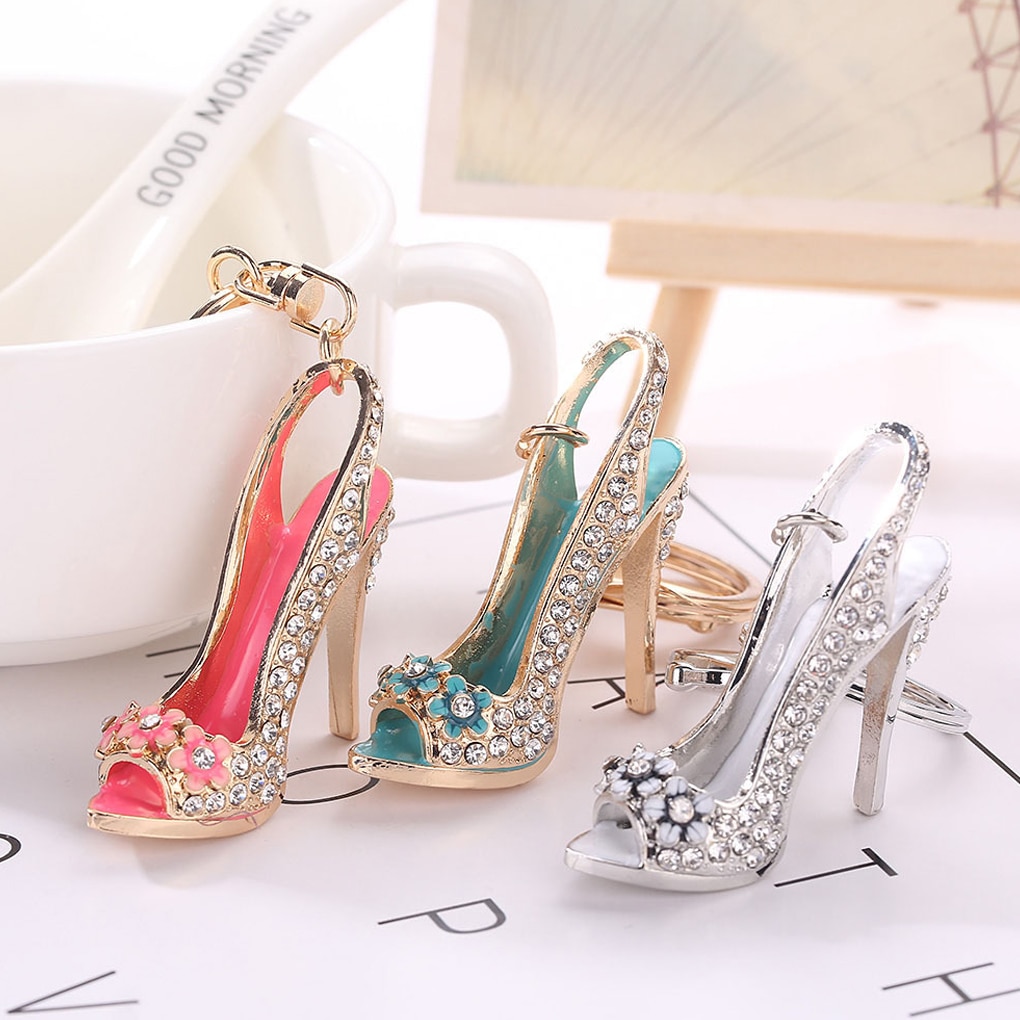 1PC Alloy Key Ring High Heel Shoe Keychain Rhinestone Crystal Purse Car Key Chain Girl Bag Decorative