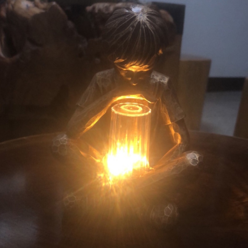 Garden Decor Resin Crafts Light Little Boy W/ Solar Lighted Fireflies In Jar Garden Carved Wood Look Resin Statue Prodigy Statue