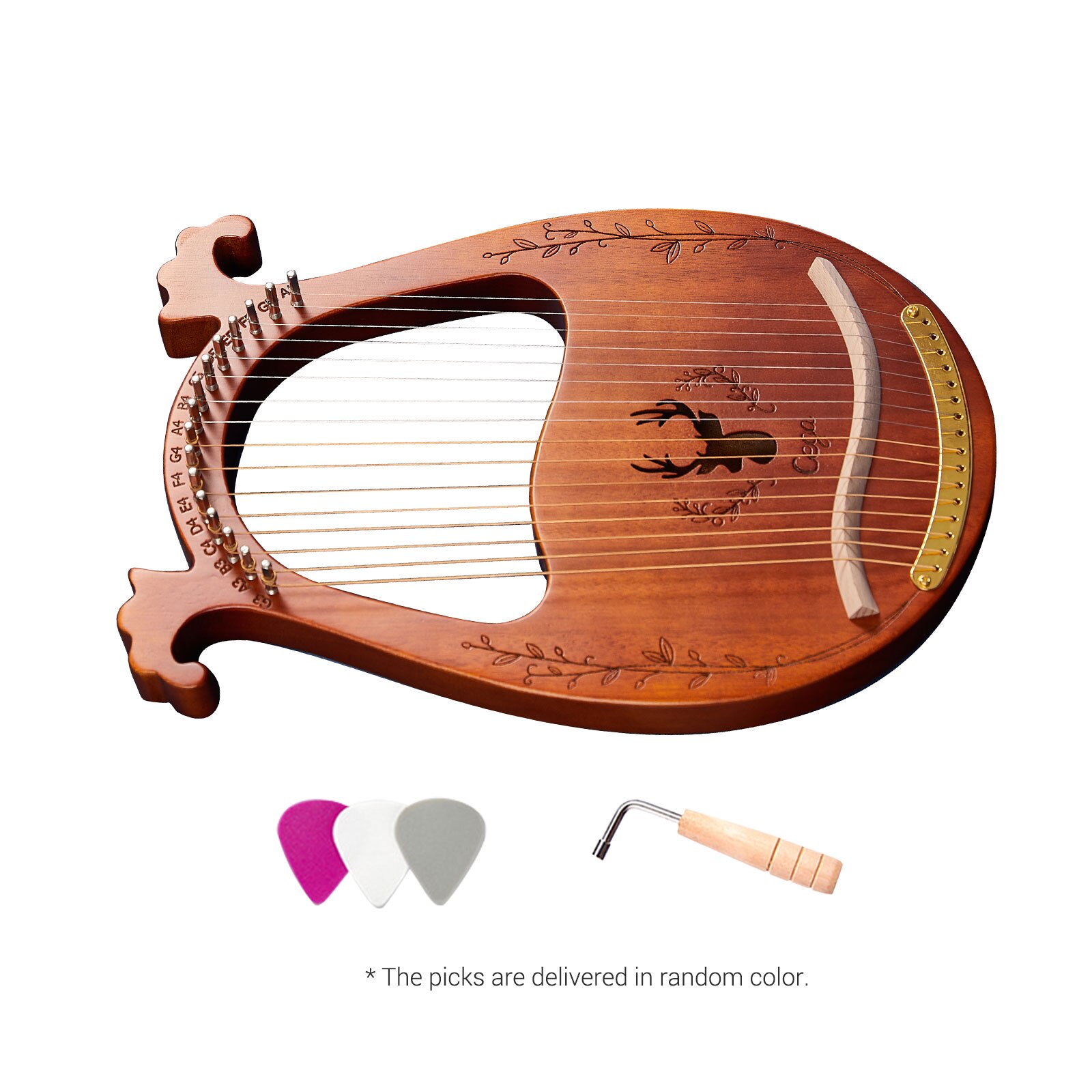 16- -strenget træ lyre harpe resonans boks strengeinstrument med stemmenøgle 3 stk picks strengeinstrumenter
