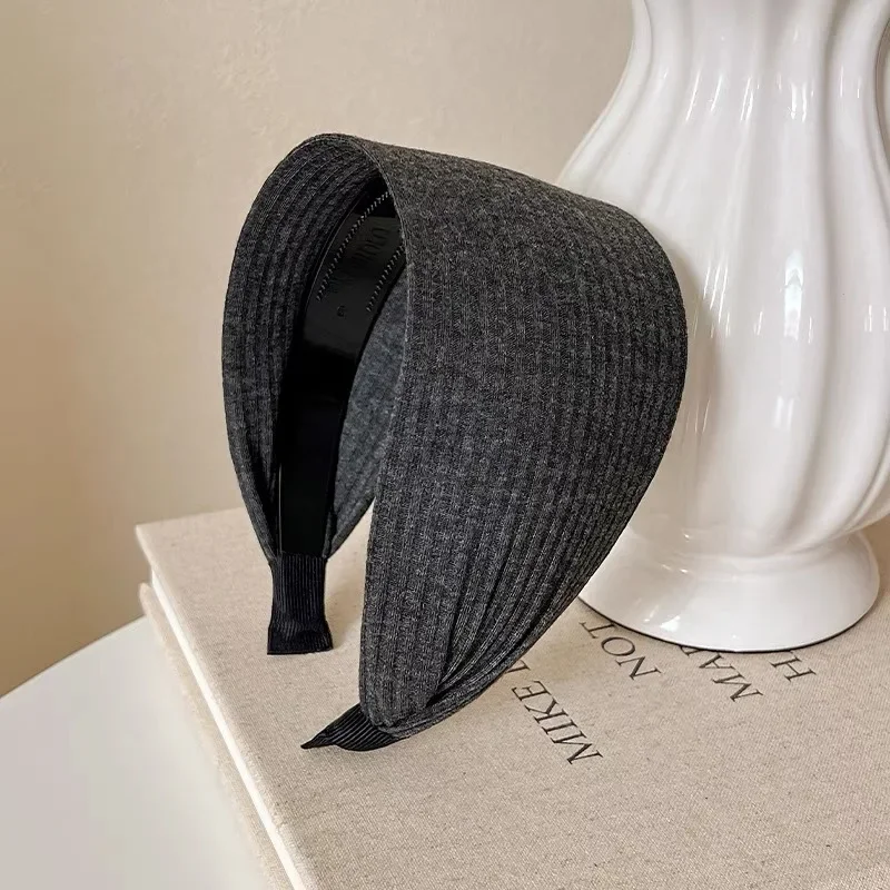 Mjuka, breda stickade hårband i bomull för kvinnor och flickor, koreansk, neutral, enfärgad turban med tänder, huvudband, huvudbonadsaccessoarer: Grå