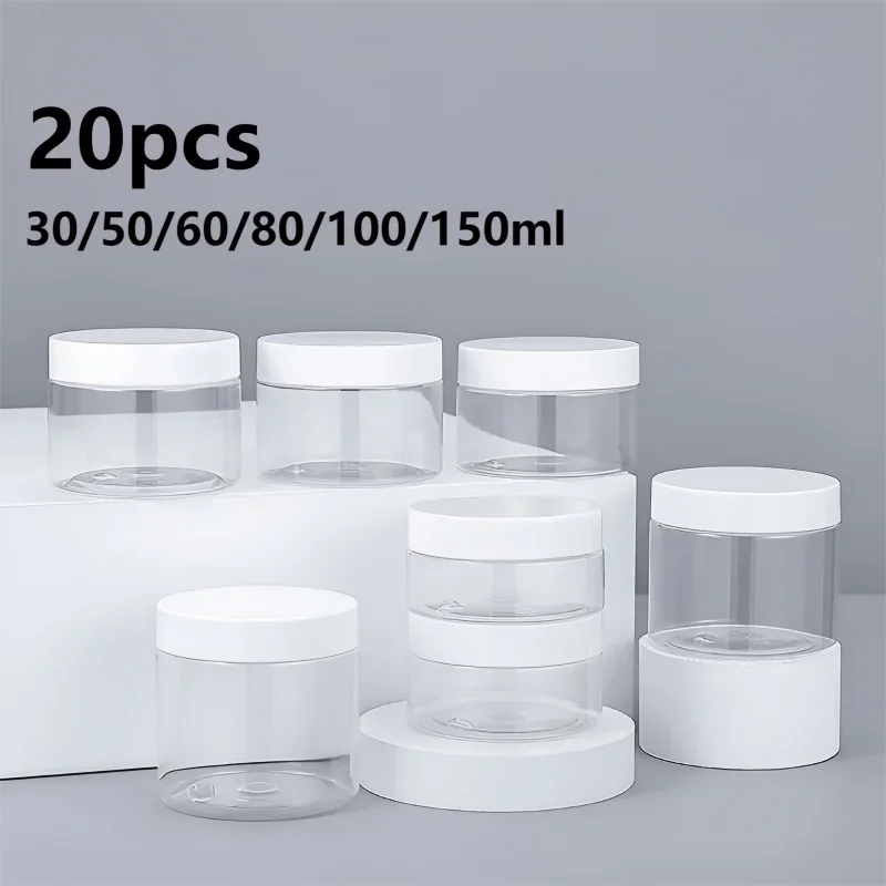 20 piezas Frascos vacíos de plástico de 30/50/60/80/100/150ml con tapas blancas, recipiente para crema facial, botella de viaje para alimentos, suministros para el hogar