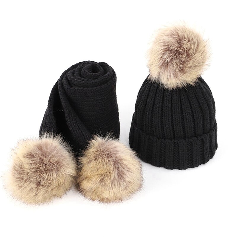 Kinderen Enkele Haar Bal Wollen Muts En Sjaal Set Unisex Verdikte: Black