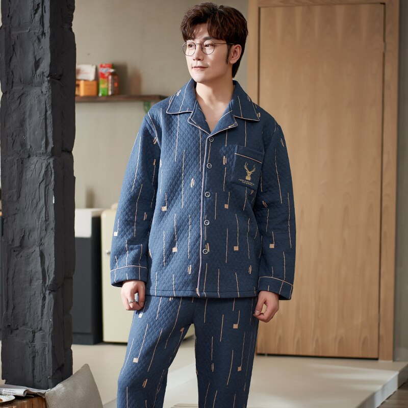Winterpyjama, dikke 3- laags katoenen pyjama, lange mouw, casual, zachte warme herenpyjama