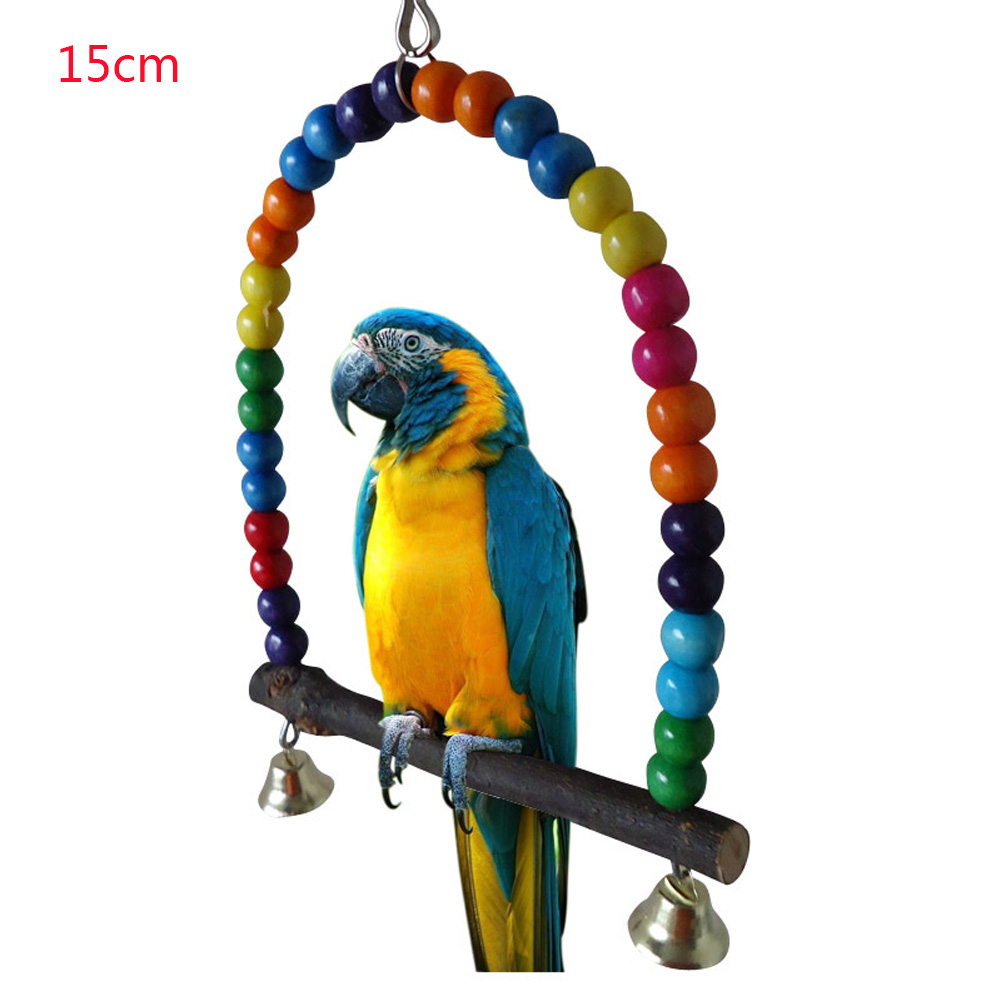 1pc papagaios de madeira natural brinquedo balanço pássaros colorido contas suprimentos de pássaro sinos brinquedos poleiro pendurado balanços gaiola para animais de estimação: Wood stick 15cm