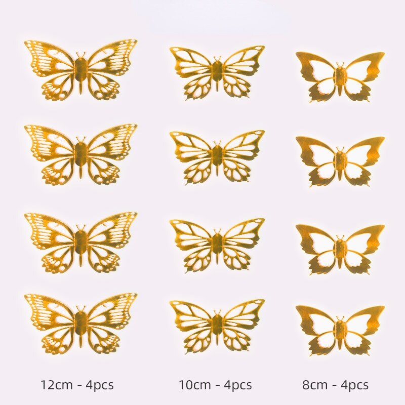 12 Stks/partij 3D Hollow Vlinder Muurstickers Goud Rose Goud Metallic Glans Stickers Diy Slaapkamer Woonkamer Feestelijke Decoratie: L / Gold