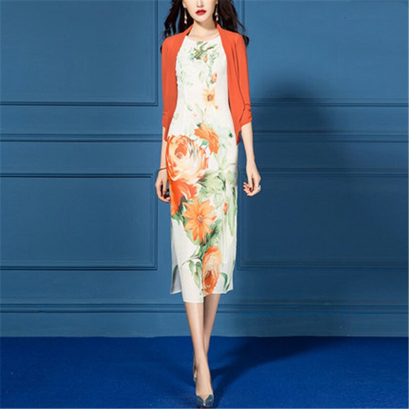 Vår sommer kjole kommode kvinner sett chiffong trykt blyant kne lengde ermeløs kjole todelt kontor klær: M