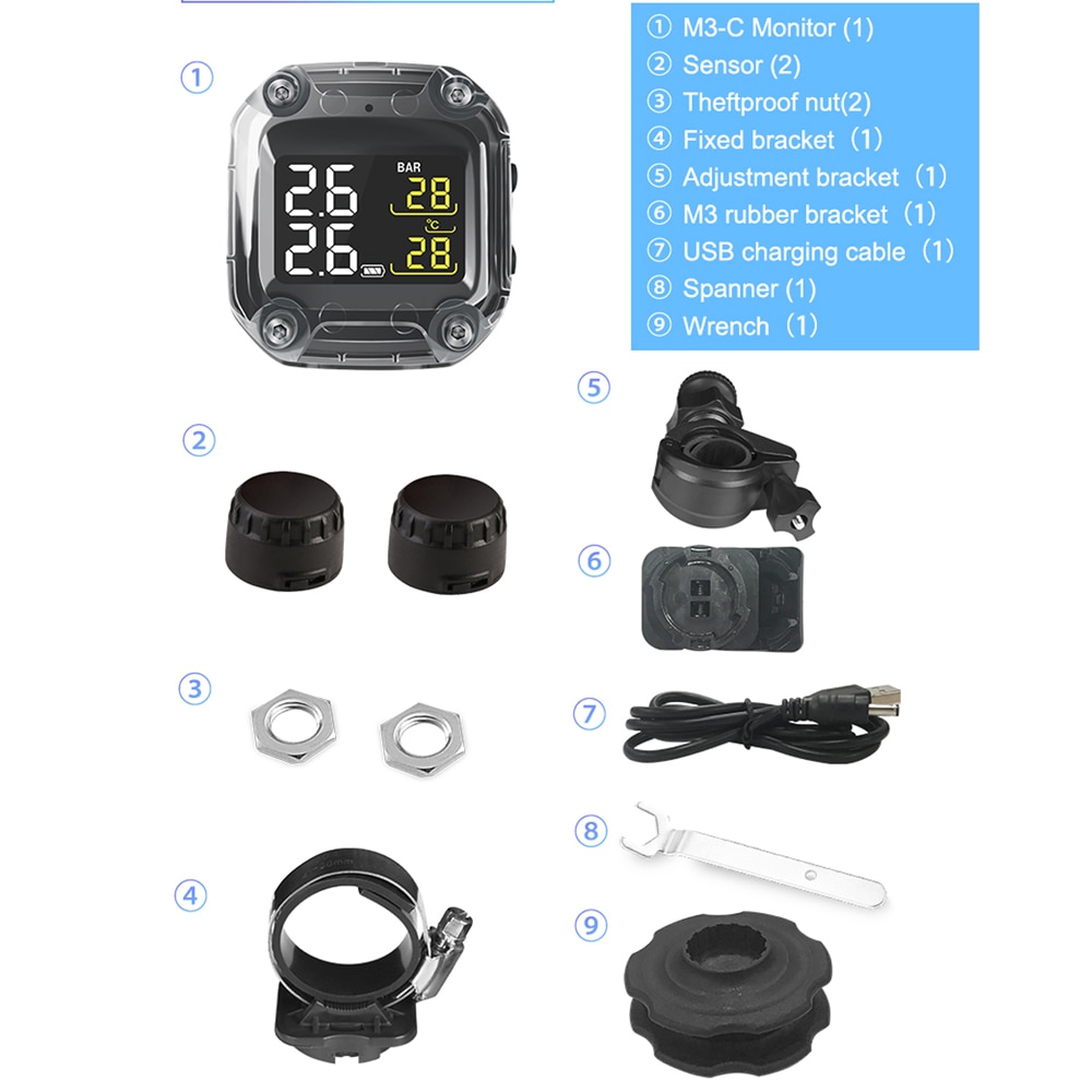 M3-C Drahtlose Motorrad TPMS Echt Reifen Druck Überwachung System Externe Universal- 2 Externe Interne Sensoren LCD Anzeige
