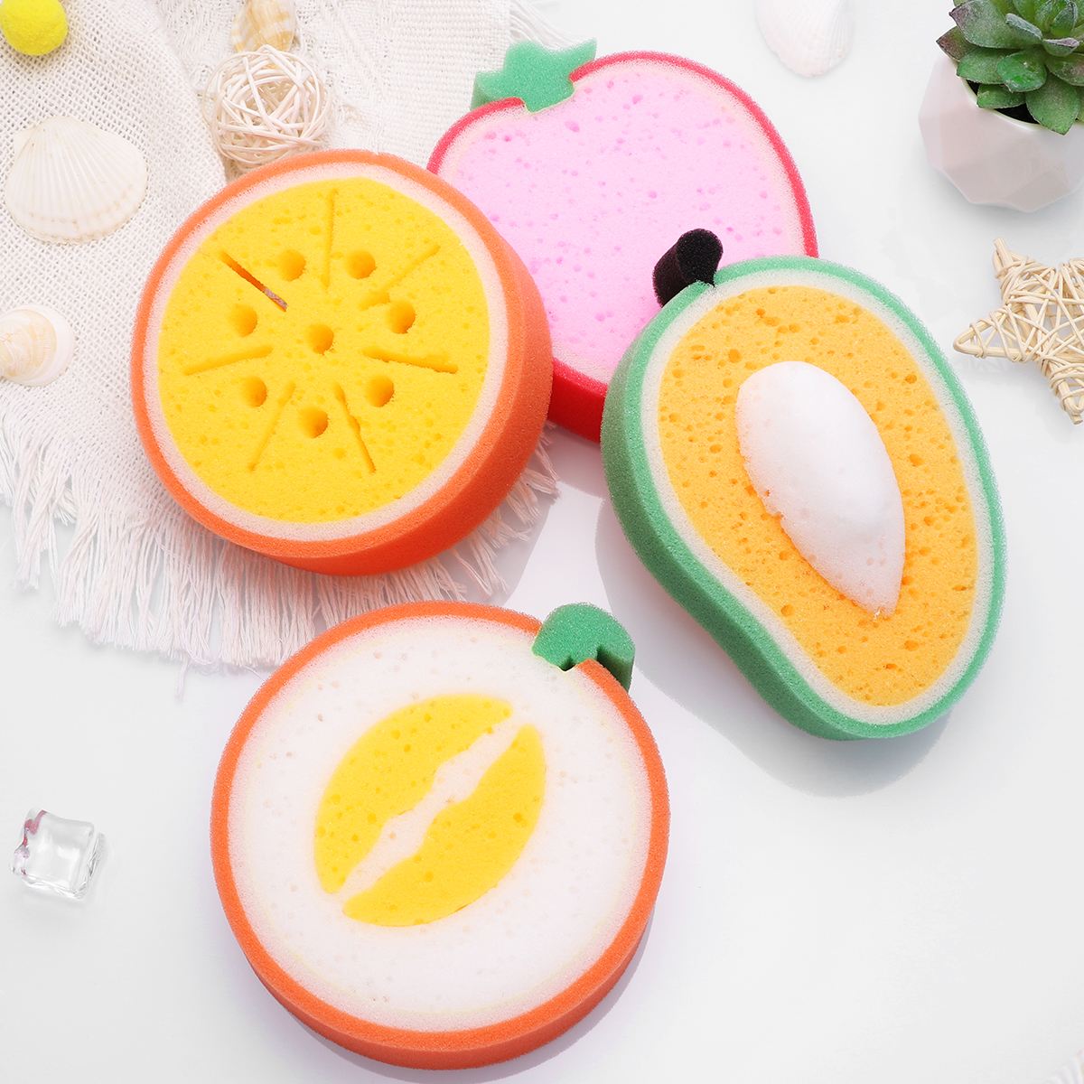 Healifty 4pcs Cute Fruit Shape Bath Sponge For Body Cleaning Sponges Scrubbers Bathing Tools Baby Kids Children Shower Sponge