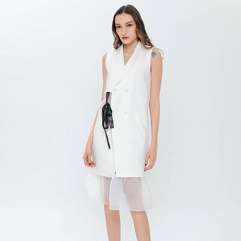 Vgh Blazer Jurk Voor Vrouwen Revers Mouwloze Strik Lace Up Patchwork Mesh Witte Jurken Vrouwelijke Zomer Kleren: S