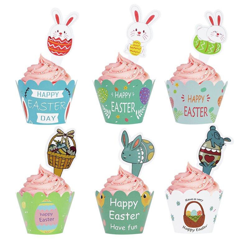 24pcs Happy Easter Cupcake Wrapper with Rabbit Cake Toppers Easter Party Bunny Egg Cake Baking Decoration Kids Birthday Party