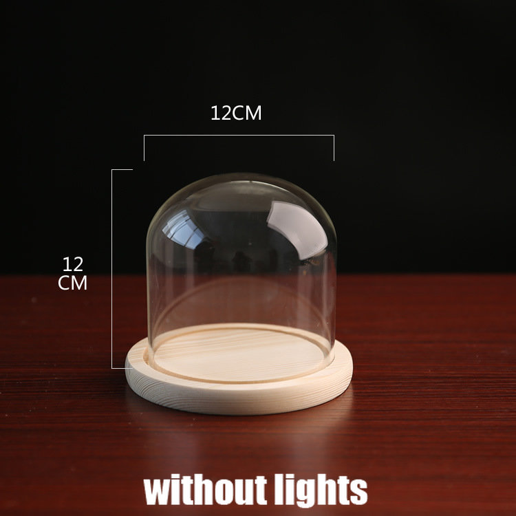 Tabletop Display Glass Cover Terrarium Container Decor Dry Flower Ornaments Craft Bell Jar Wood Base with Feet LED Light Holder: black
