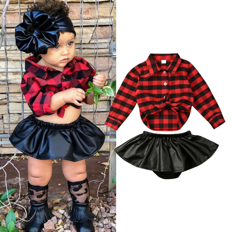 Spædbarn baby pige juletøj sæt plaid knude skjorter+læder nederdel shorts 2 stk baby pige efterårs outfits 0-24m