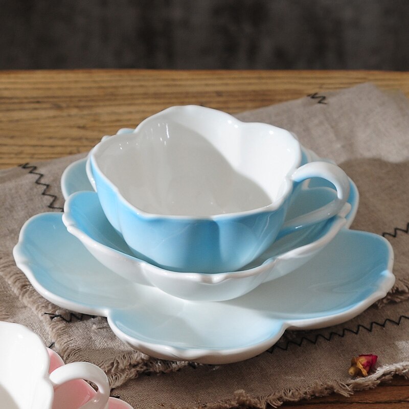 Cherry Blossom Coffee Cup Saucer Set Ceramic Teacup Cherry Blossom Dish Gradient Color Tea Cups 3 Piece Set Home Office Mug: blue