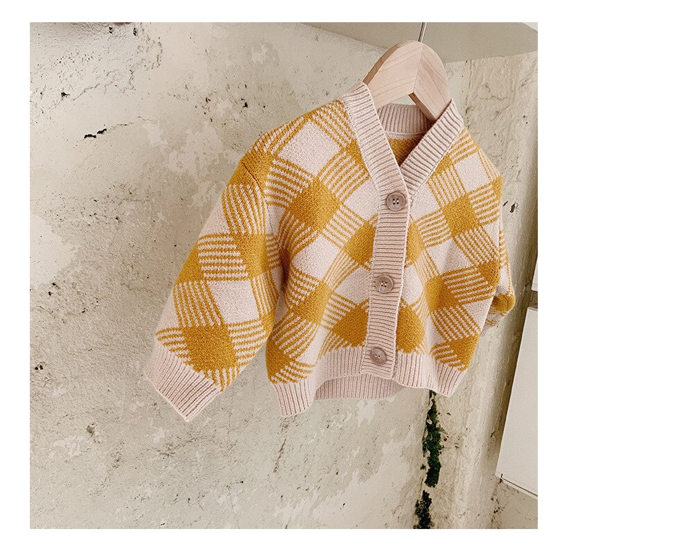 Stile coreano bambini neonati ragazze maglione primavera autunno inverno caldo spesso Cashmere lavorato a maglia Plaid manica lunga maglione Outwear: yellow plaid / 18m