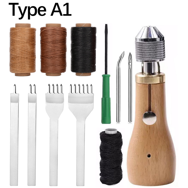 Juego de punzón de costura de cuero con cinceles de cuero, hilo encerado plano, rueda de Overstitch, aguja cónica, Zapatero, herramientas de puntada Manual: Type A1