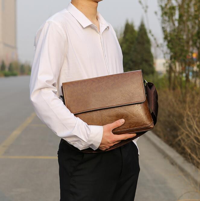 Mænds lædertaske business casual pu enkelt skulder diagonal taske multifunktionel ensfarvet dokumentmappe