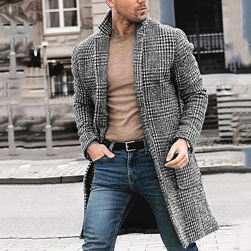 Heren Trenchcoat Jas Vest Plaid Print Jas Mannen Toevallige Winter Mode Hounstooth Heren Lange Jas Jas Uitloper