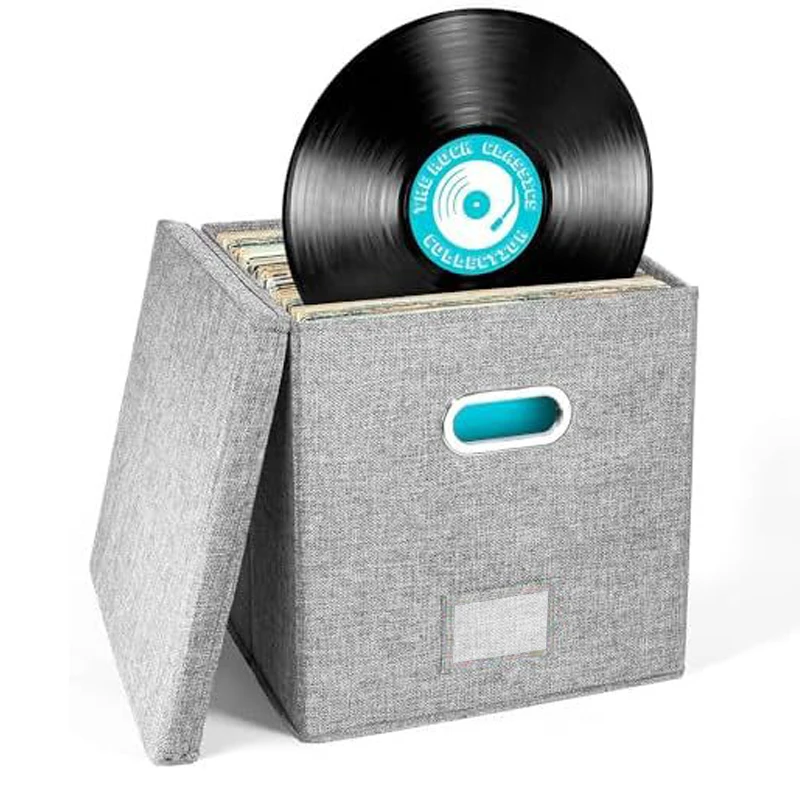 Aufbewahrungsbox für Schallplatten, Schallplattenetui für LP-Album, Aufbewahrung von Leinenstoff, Aufbewahrungskiste, Würfelbehälter mit Deckel: Schwarz