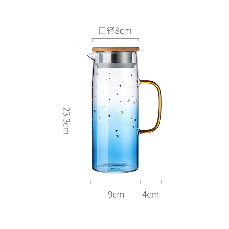 Pichet en verre Pot d'eau résistant à la chaleur cruche d'eau bouilloire couvercle en bambou pour l'eau bouillante thé jus de fruits cruche en verre: 1000ML Blue