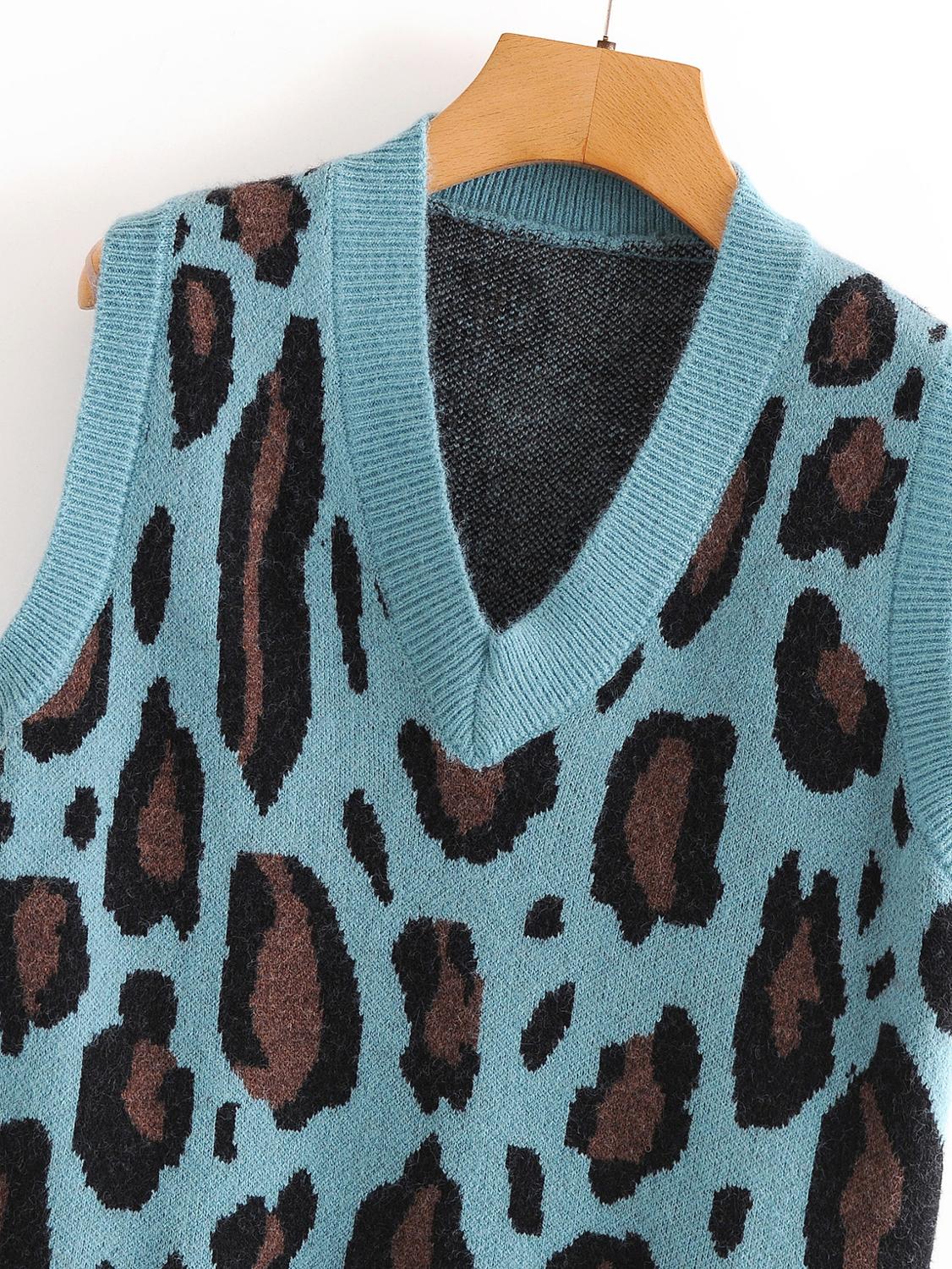 Za Women Sweater Vest Za Sleeveless Leopard print Casual Loose Blue Knitted Vest Top