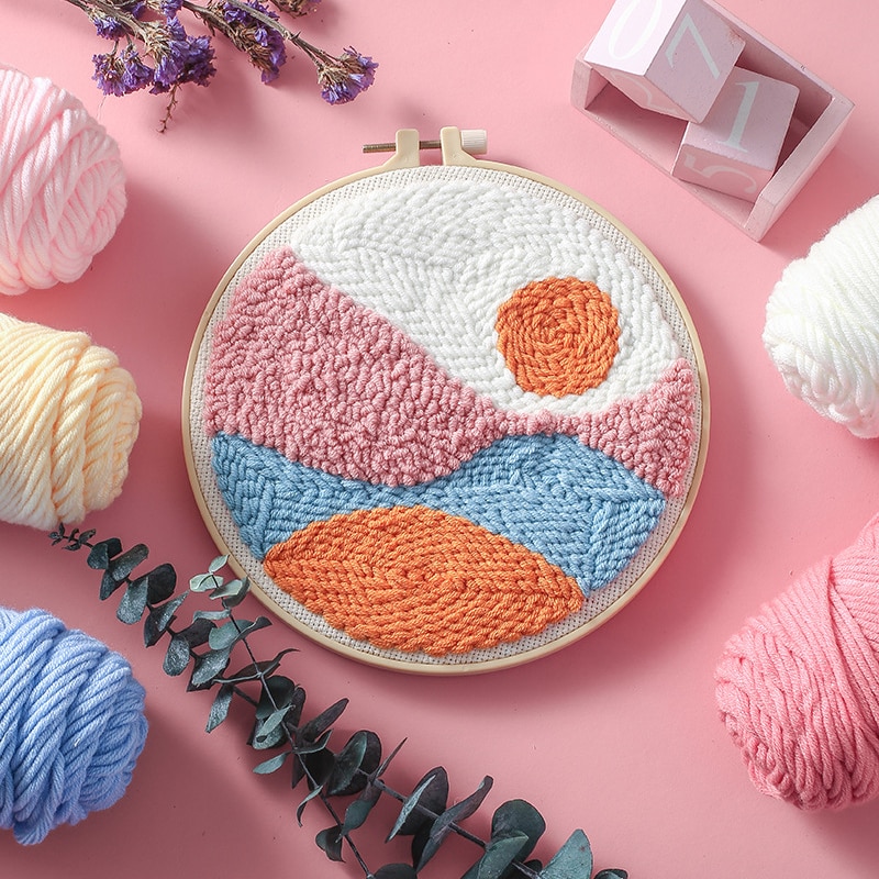 Easy Punch Needle Embroidery Kit with Hoop for Beginner Landscape Embroidery Needlework Wool Work Handmade Sewing Kit Craft