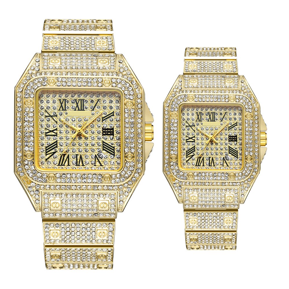 Diamant par ur ur hip hop ur par guld rustfrit stål ur til mænd og kvinder quartz ur luksus is udenfor
