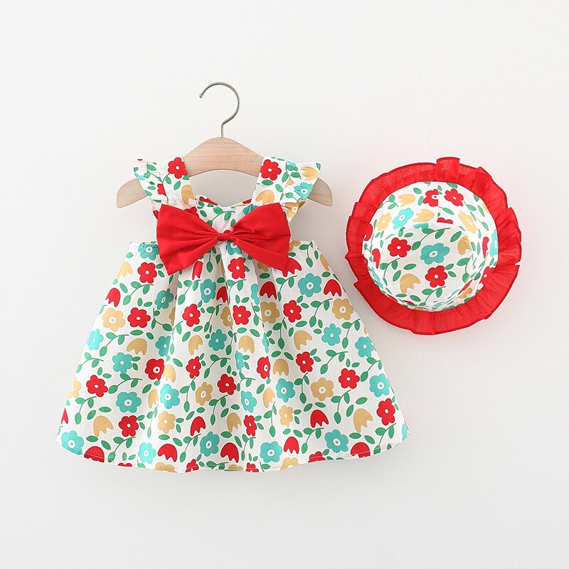 2 pezzi 2022 abiti estivi per bambina coreana carino fiocco senza maniche in cotone Baby Princess Dress Sunhat Newborn Clothes Set BC2180: B / 10(12-24M)
