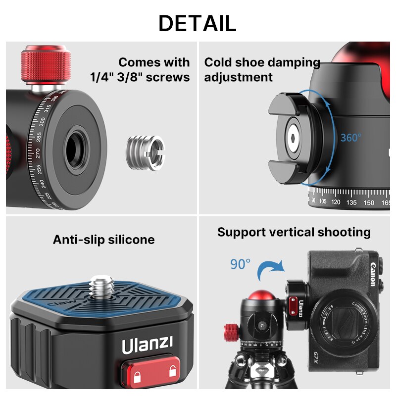 Ulanzi U-100 Klaue PD schnell Freisetzung Panorama Kugelkopf 1/4'' Basis Montieren Platte und Kalten Schuh Kugelkopf 2 in 1 für DSLR