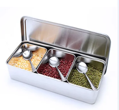 Japan Style Kitchen food Storage container Compartments Stainless Steel Seasoning box Containers with Lid Rectangle chef tools: Dark Khaki